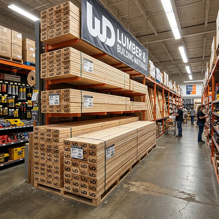 Inside of a home improvement store showing stacked bundles of Womp Designs branded lumber.