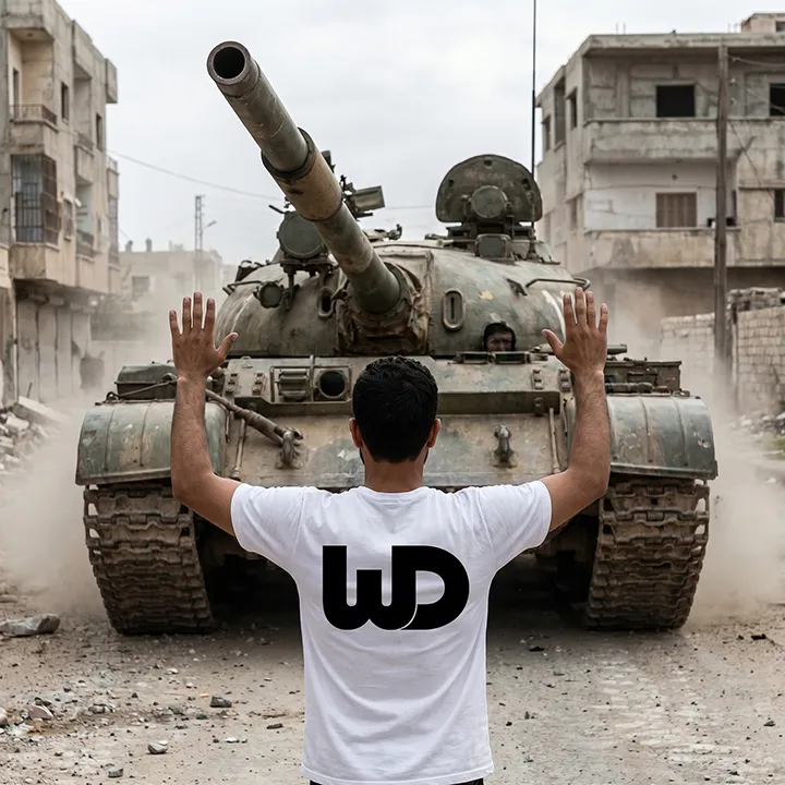 Man in a Womp Designs logo t-shirt with hands raised facing an oncoming tank in a ruined street.