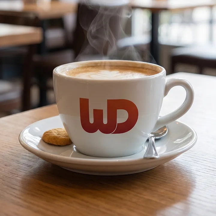 Steaming cup of coffee on a saucer with a red and orange Womp Designs logo printed on the mug.