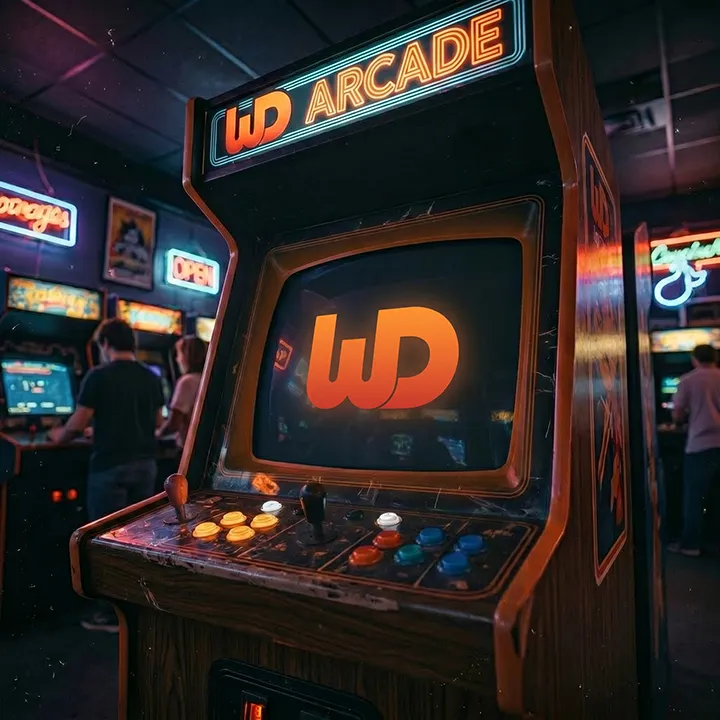 Vintage arcade cabinet monitor illuminating a room with an orange Womp Designs logo.
