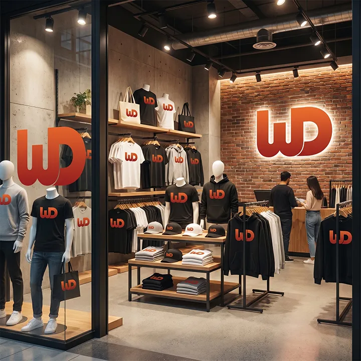 Retail clothing store interior displaying apparel branded with a prominent Womp Designs logo.