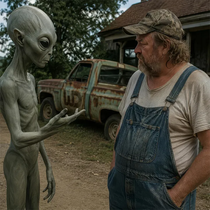 A grey alien interacting with a man in denim overalls next to a rusty pickup truck with a Womp Designs logo on it.